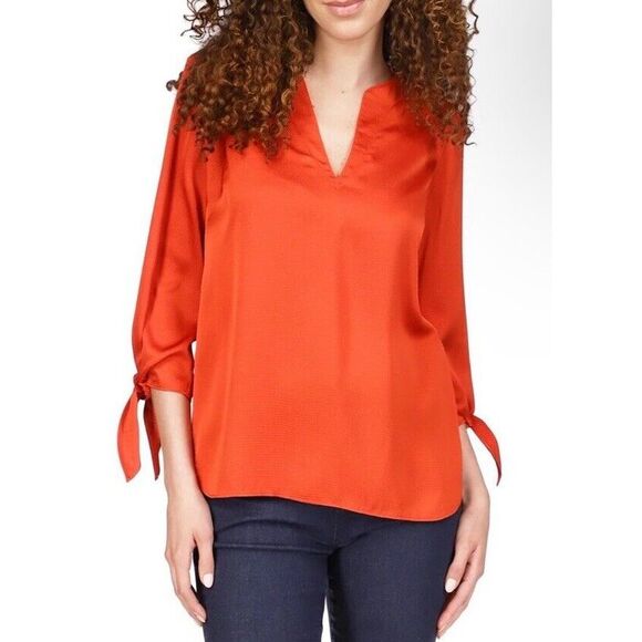 Michael Kors Tops - MICHAEL Michael Kors Solid Satin Tie Sleeve Split V-Neck Woven Blouse Size XL